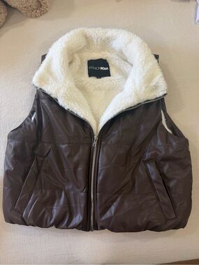 Fashion Nova Dark Brown Faux Leather Puffer Vest with Cream Sherpa